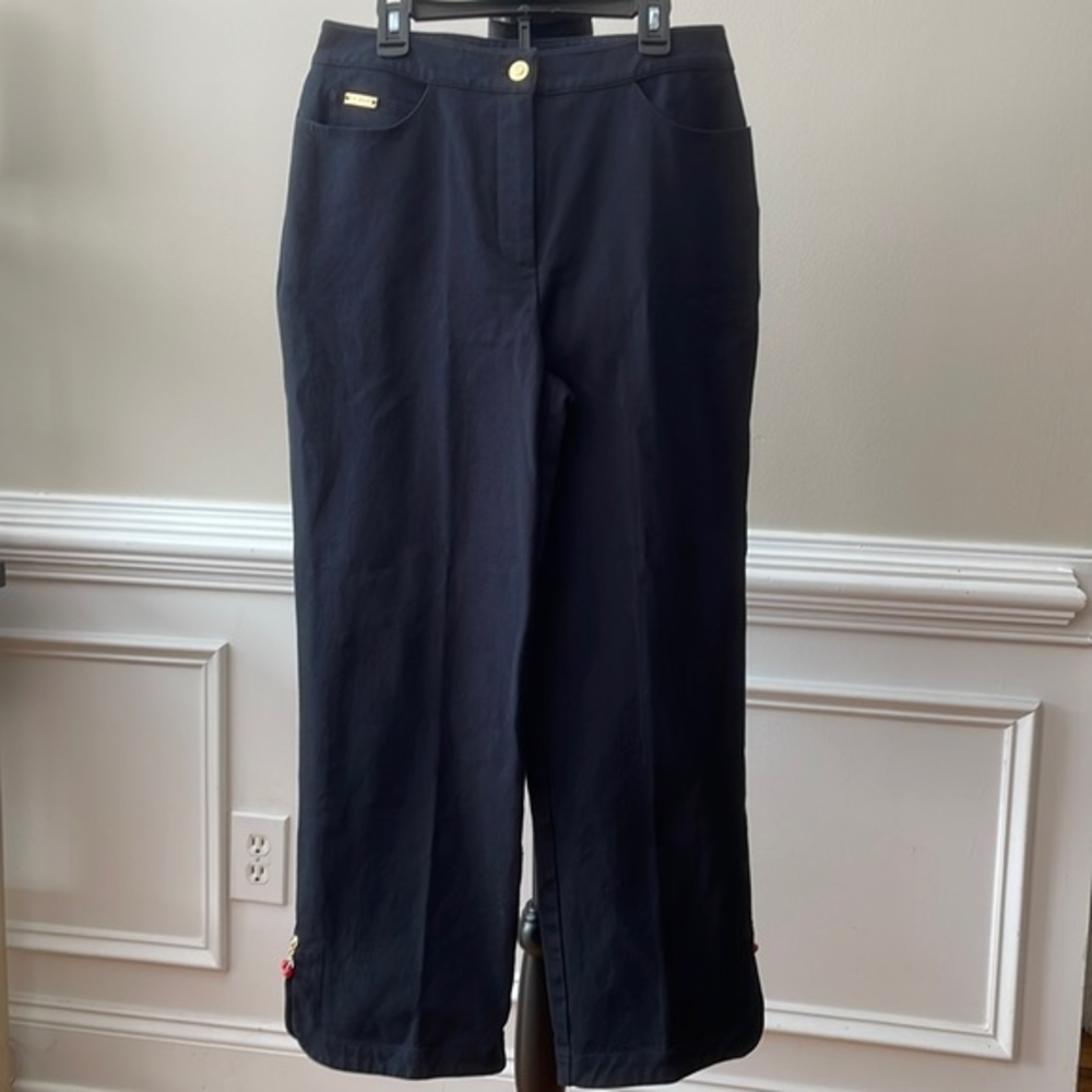 ST JOHN SPORT by Marie Gray Cropped Black‎ Pants Cherry Ankle Charm Size 8